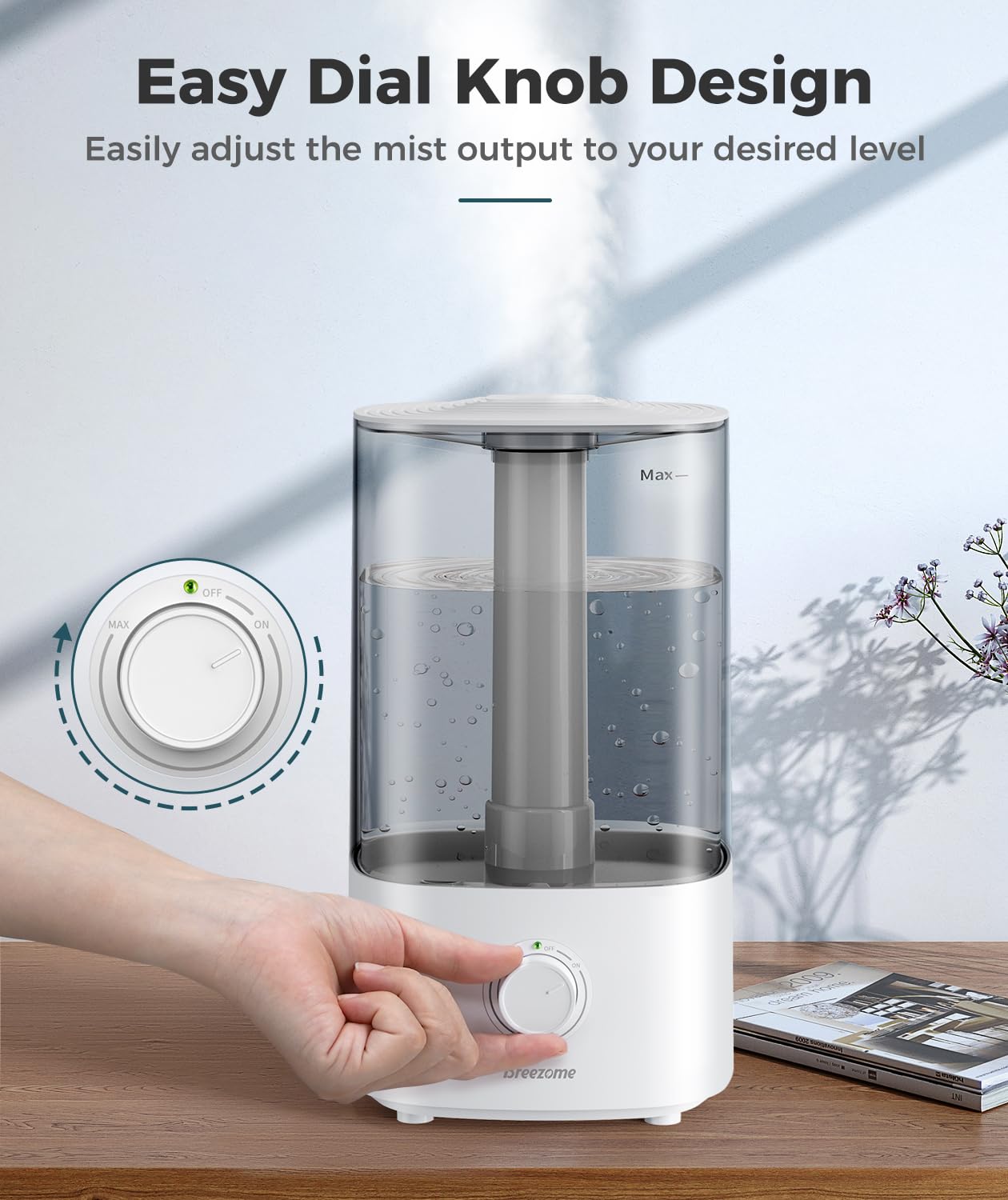 BREEZOME 4L Humidifiers for Bedroom, Essential Oil Diffuser, Top Fill Cool Mist Ultrasonic Humidifiers for Baby, Plants, Nursery, Humidifier for Large Room Last up to 50 Hours, Quiet Operation
