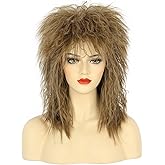 karlery Women Men Long Curly Light Brown Wig 70s 80s Rocker Mullet Costume Wig Halloween Cosplay Party Wig