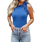 WAYMAKER Women's Sleeveless Racer Back Ruffle Mock Turtle Neck Ribbed Bodysuit Tank Tops