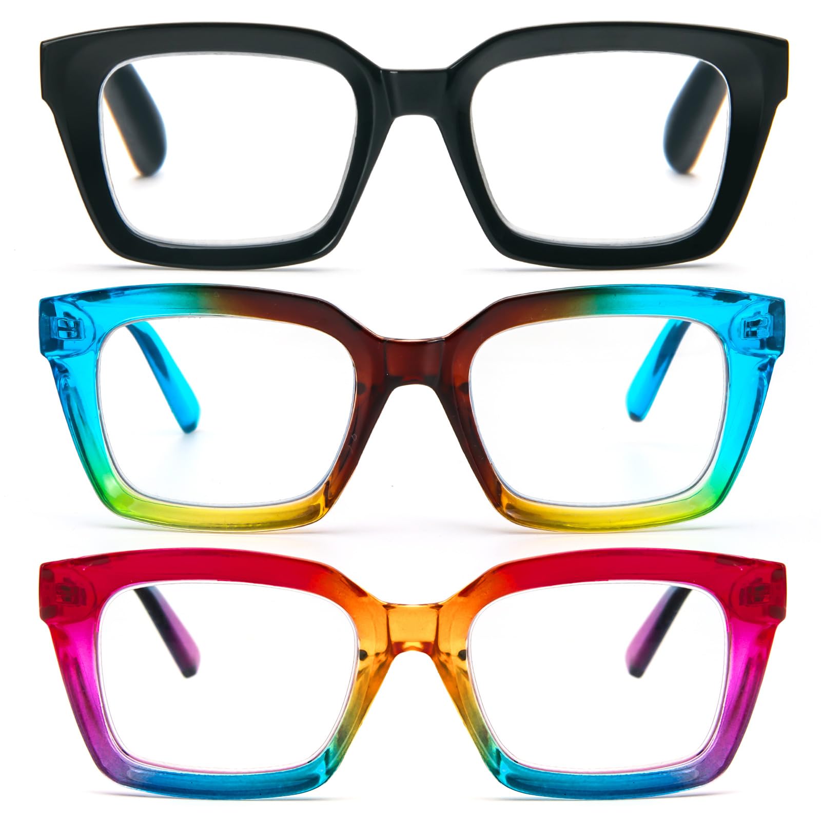 MMOWW 3-Pack Oversized Reading Glasses for Women - Anti Blue Light Glasses with Square Frame (Black+Light blue+Rainbow, +2.5) — image 1