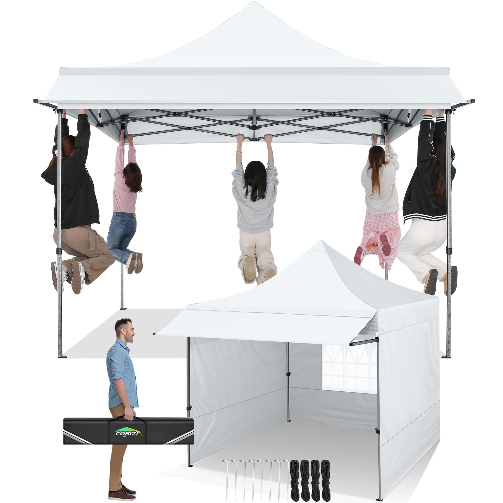 Photo 1 of COBIZI 10x10 Pop Up Canopy Tent with Awning,Heavy Duty Canopy UPF 50+ All Season Wind Waterproof Commercial Outdoor Street Vendors Party Tents for Parties Canopy with Carry Bag(10 x 10 ft White)