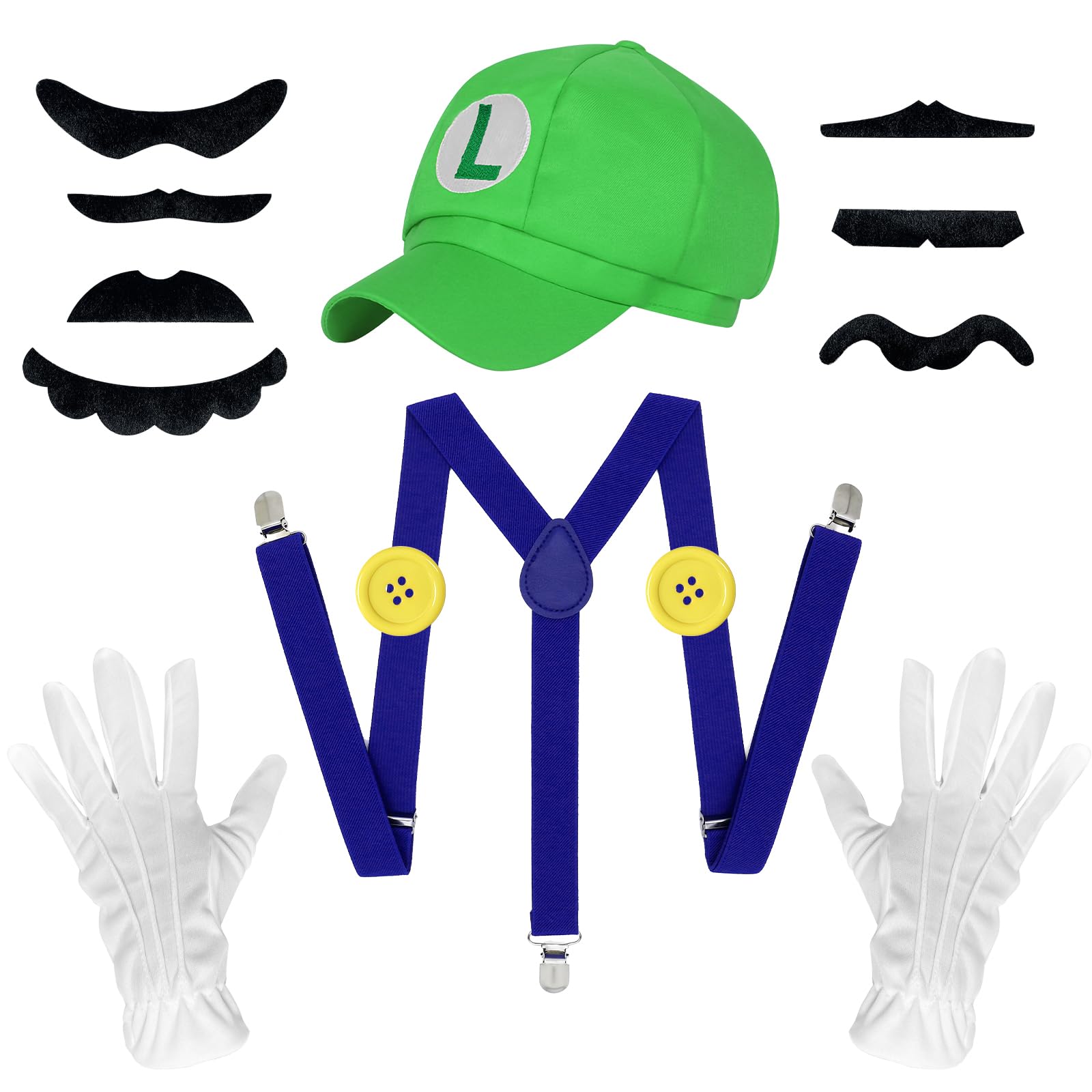 Driflo Luigi Clothing, Luigi Costume, Cosplay Costume Accessories Kits for Adult, 13Pcs with Hats Cap, Mustaches, White Gloves Anime Cosplay Costume for Women Men