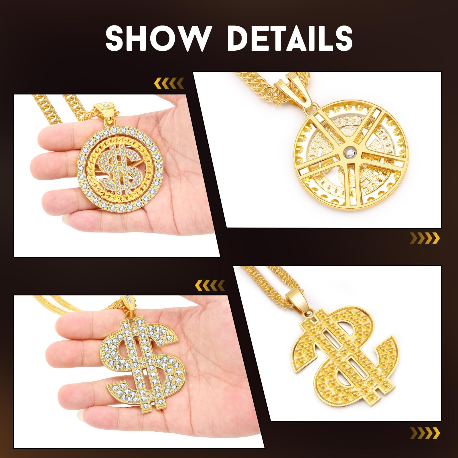 2PCS Money Chain Fake Gold Necklace: Big Money Dollar Sign Gold Chains Halloween Costume - Men Rapper Digger Hip Hop 70s 80s 90s Costume Accessories