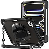 ProCase Rugged Case for iPad Pro 11 inch M5 / M4 with Pencil Hold -Black | Heavy Duty Shockproof Rugged Cover with Hand Strap 360 Degree Rotatable Kickstand Protective for iPad Pro 11"