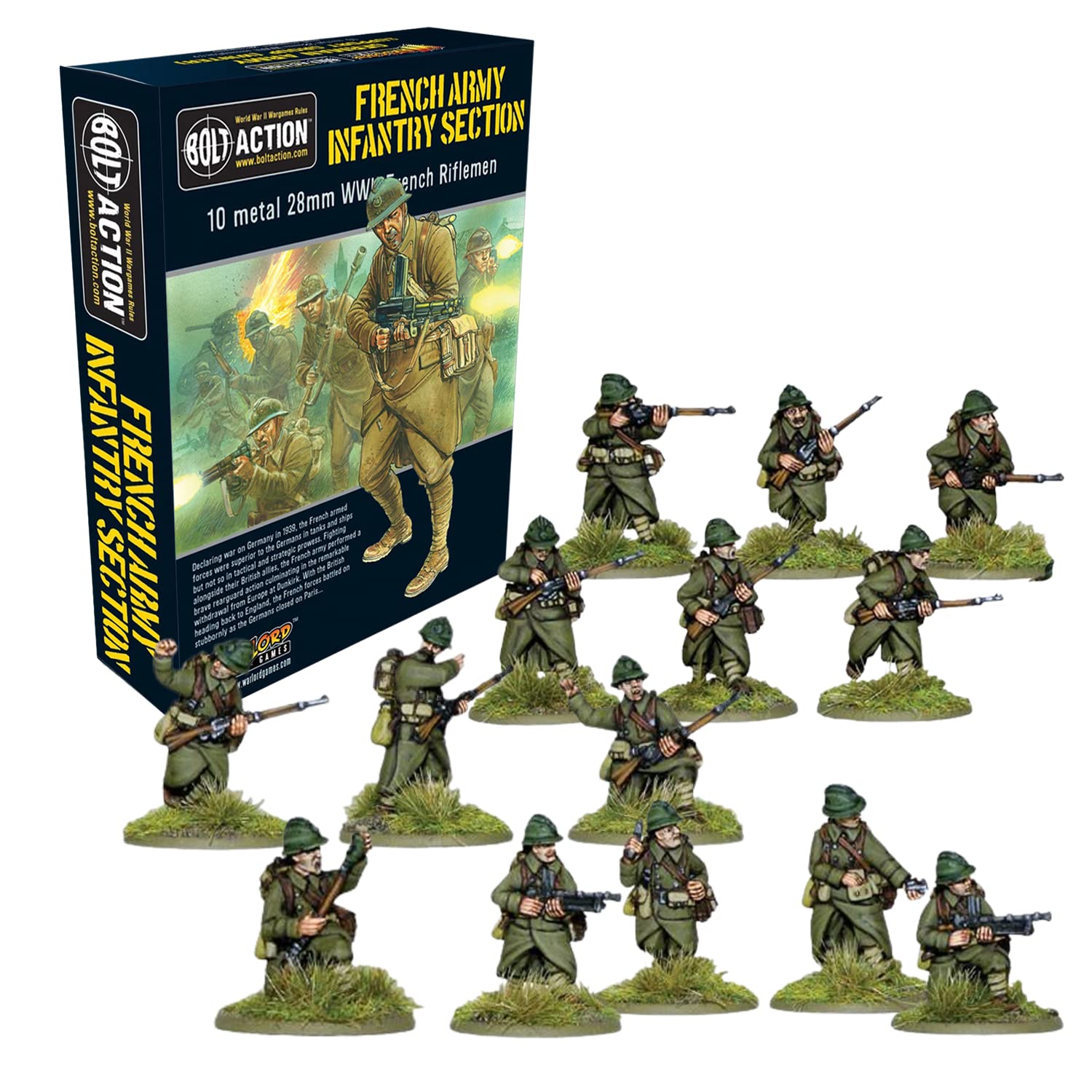 Wargames Delivered Bolt Action French Army Infantry Section Set, 28mm Wargaming Miniatures, Action Figures, 10-Man Plastic Army Men for Miniature Wargaming
