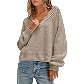 Saodimallsu Womens V Neck Pullover Sweaters Casual Knit Long Sleeve Loose 2025 Fall Cropped Tops
