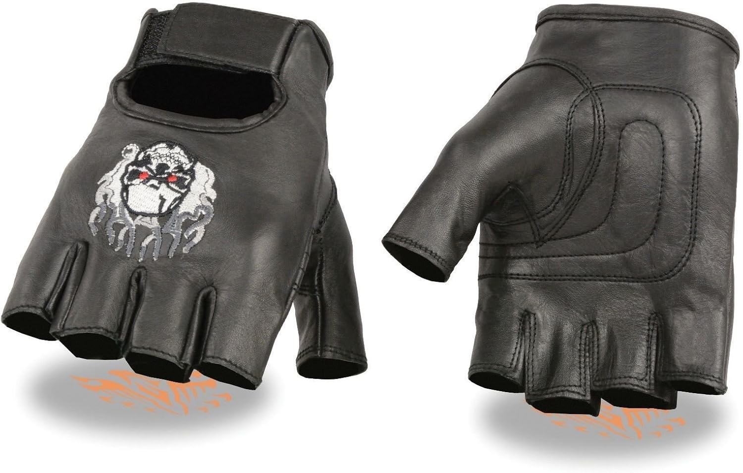 MOTORCYCLE FLAMES EMBROIDERED BLACK NEW GLOVES SKULL & BIKE