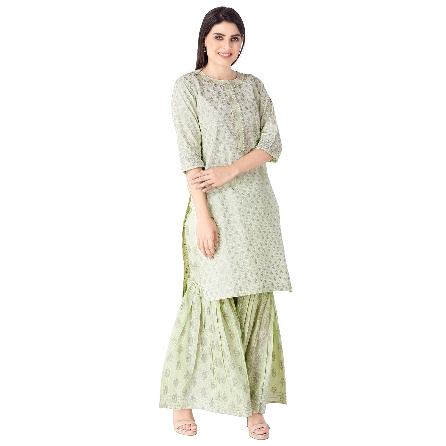khushal k women's cotton printed kurta with sharara palazzo set