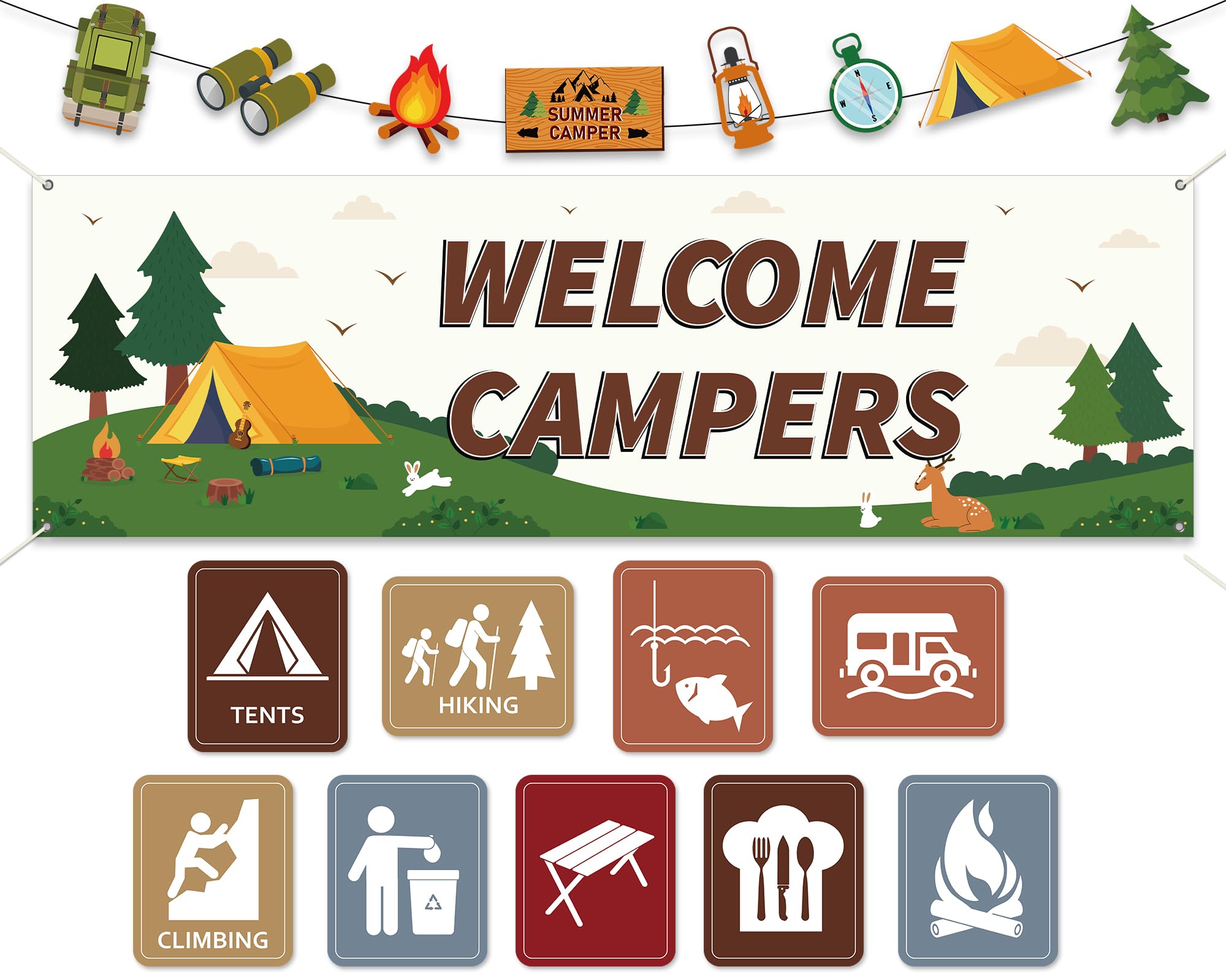 Photo 1 of Camping Themed Party Decorations Set 9 Camping Sign Cutouts 1 Camp Party Banner 1 Welcome Campers Backdrop for Family Camp Gatherings Decor Forest Campfire Photo Background Birthday Parties Supplies