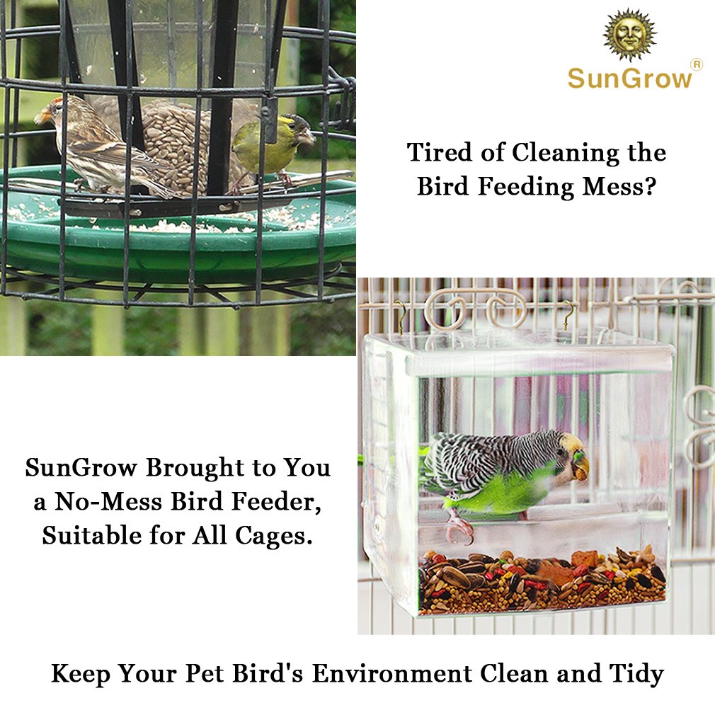 Acrylic Glass Bird Feeder Set -- Spill-proof, Crystal clear - Easy to install with 2 Hooks, Economical - Perch provides enjoyable eating time to Finch, Parakeet, Sparrows - Perfect for all Cage Sizes