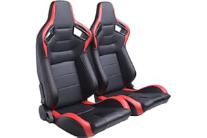 JIABEIR Universal Racing Seat, Pair Black PVC Leather Red Trim Stitch Carbon Look Leather Back Reclinable With Double Lock Slider Bucket Seats(Not Including Seat Bracket)