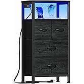 Furnulem Tall Night Stand with Charging Station and Led Light, Small Dresser with Open Shelf and 4 Storage Drawers, Black Side Table Fabric Nightstand for Bedroom, Entryway, Bedside Furniture | and Led Light, Open Shelf, 4 Storage Drawers, for Bedroom, Entryway