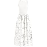 dowerme Women Summer Dresses 2026 Casual Sleeveless Crewneck A-Line Boho Lace Eyelet Cotton Tank Maxi Dress with Pockets