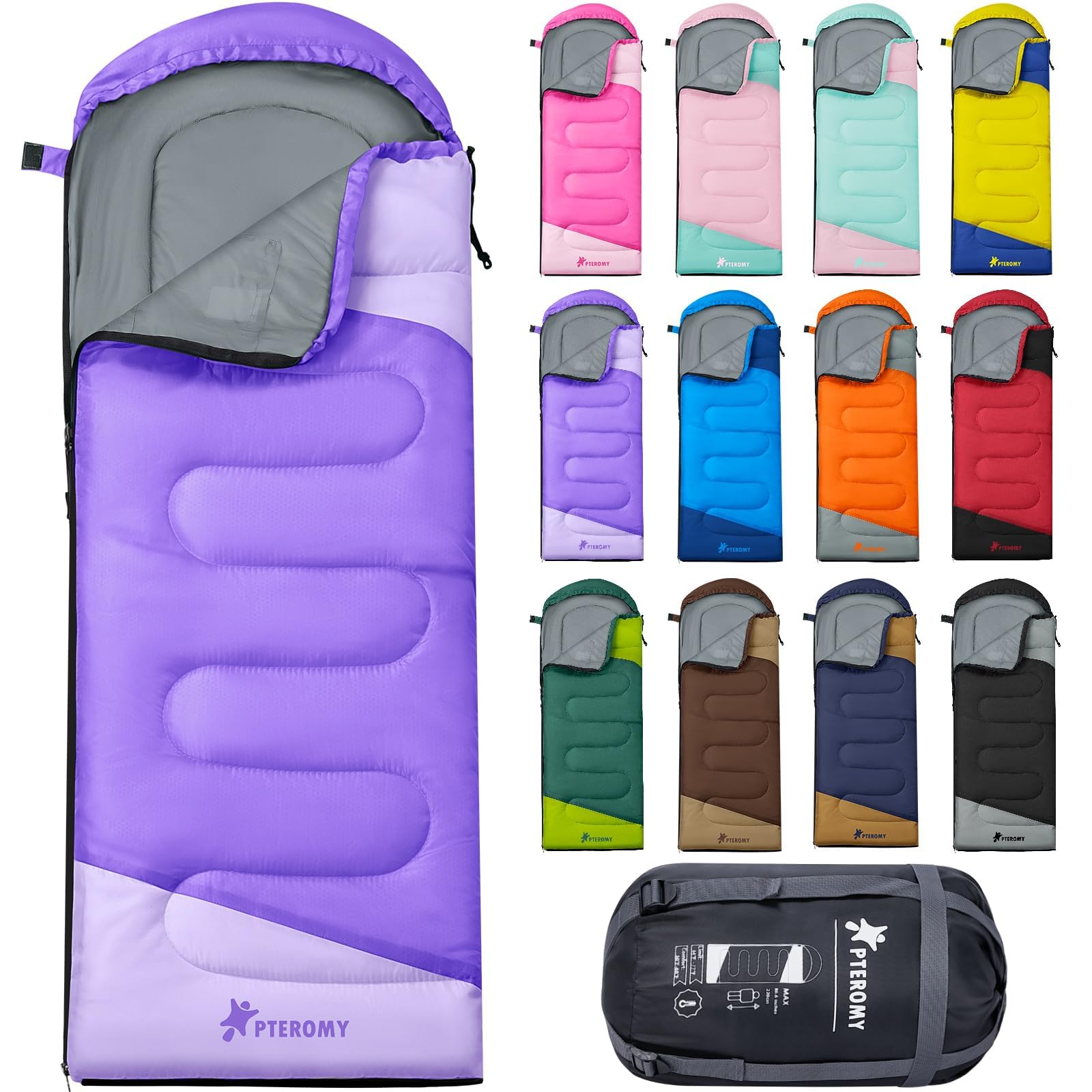 PTEROMY Sleeping Bags for Adults, Lightweight and Machine Washable, Water Resistant Backpacking Camping Sleeping Bag for Warm Cold Weather, Camping Essentials for Hiking Travel (Purple, 1.35kg)