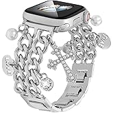 REALSIGN Metal Band Women Compatible with Apple Watch Bands 42 44 45 46 49mm 38 40 41mm,Stylish Cuban Chain Wristband with Cute Charms Pendants for iWatch Series 11 10 9 8 7 6 5 4 SE/Ultra 3 2 1
