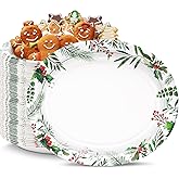 VEIZEDD 50 Count Oval Christmas Plates, 12"x10" Heavy Duty Paper Plates with Holly Leaves Red Berries for Xmas Holiday Wedding Green and Red Party Supplies Decor