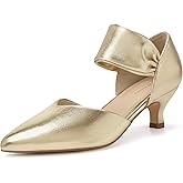 LOOPCHARM Women's Kitten Heels Pointed Closed Toe Ankle Strap Low Pumps Dress Shoes Slip On Pumps for Wedding Party Work