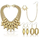 Sureio 4 Pcs Women African Jewelry Set African Bib Choker Necklaces Vintage National Gold Statement Necklace Tribal Style Layered Collar Necklace African Nose Rings with Chain African Gold Earrings