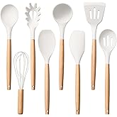 Herogo 8 Pcs Non-Stick Silicone Cooking Utensils Set with Wooden Handle, Heat Resistant Food-Grade Kitchen Utensils Set, Includes Spatula Spoon Turner Server Whisk Ladle for Baking, Cooking (White)