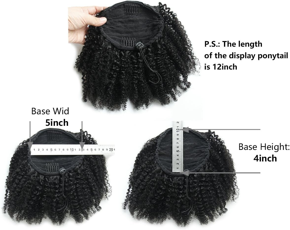 Ms Fenda Hair Raw Remy Virgin Peruvian Human Hair Natural Color Afro Kinky Curly Hair Piece Clip-in Top Closure Ponytail (16inch, Natural Black)