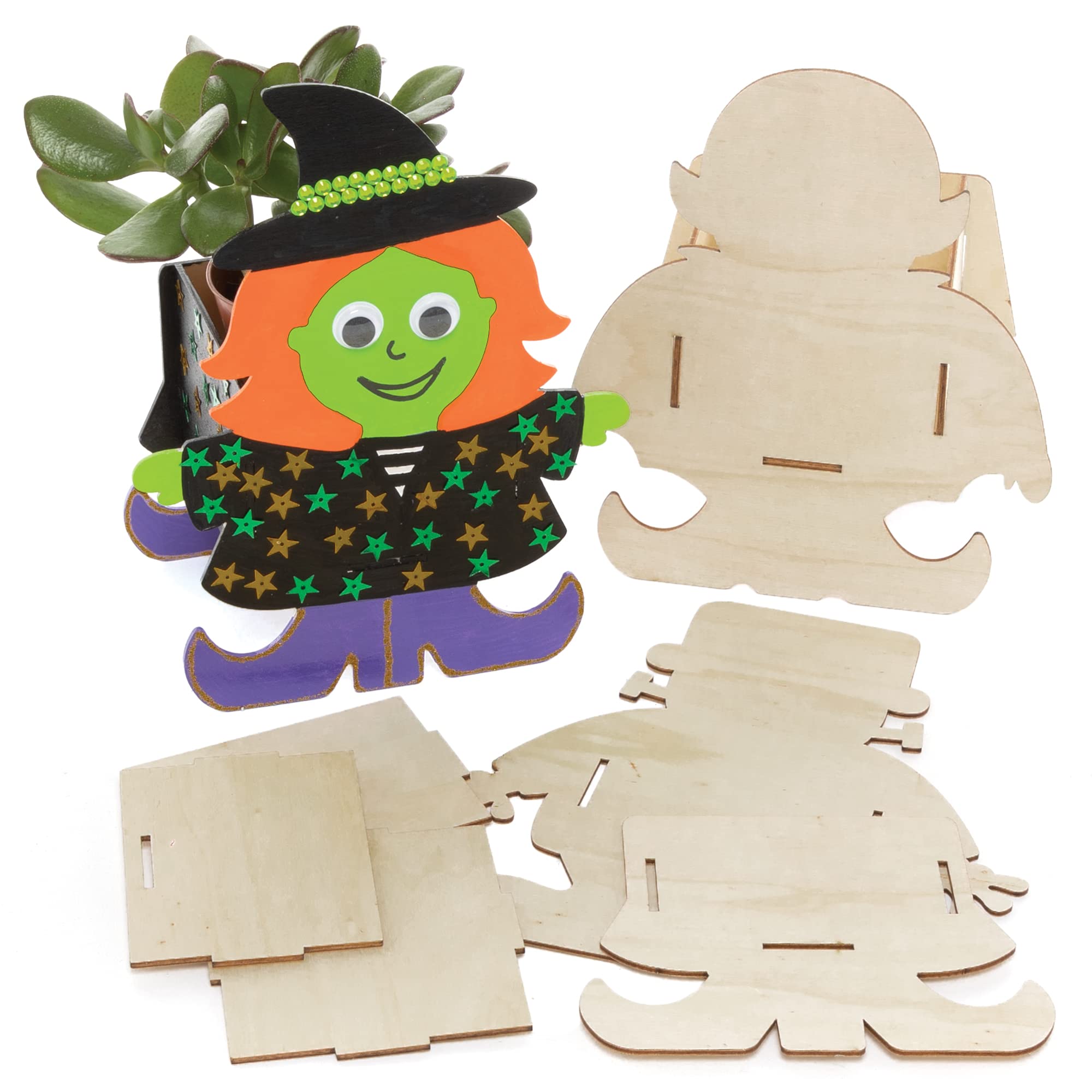 Baker Ross FE750 Halloween Wooden Flowerpot Craft Kits - Pack of 3, Make Your Own Flower Pot, Planting Pots for Children to Decorate, Creative Halloween Activities for Kids