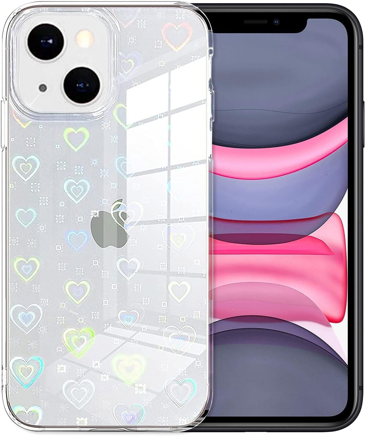 Jusy Compatible with iPhone 15 Pro Case, Holographic Love Heart Iridescent Clear Kawaii Phone Case, for Women Aesthetic Laser Bling Rainbow Cute iPhone Cover, Holo Reflective Case