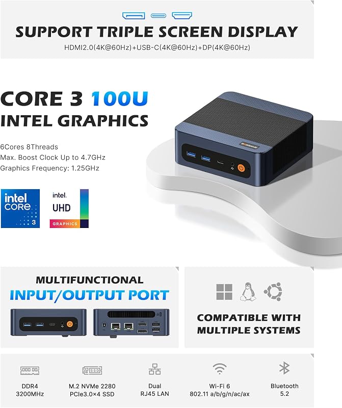 Mini PC E7 100U com Intel Core i3, 16GB DDR4 e 512GB PCIe 3.0