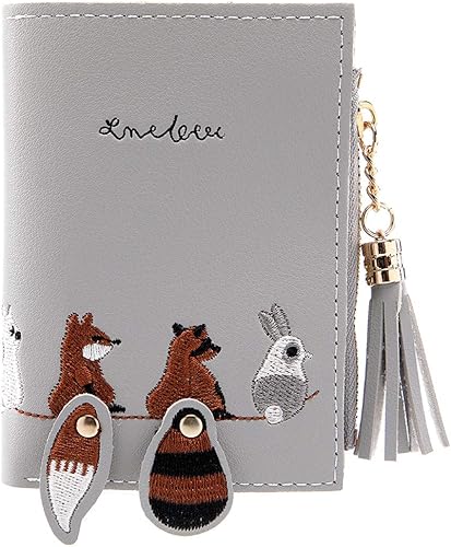Botreelife女性刺繍入りかわいい漫画財布ショートタッセルジッパー2折りたたみ財布グレー 財布 Amazon
