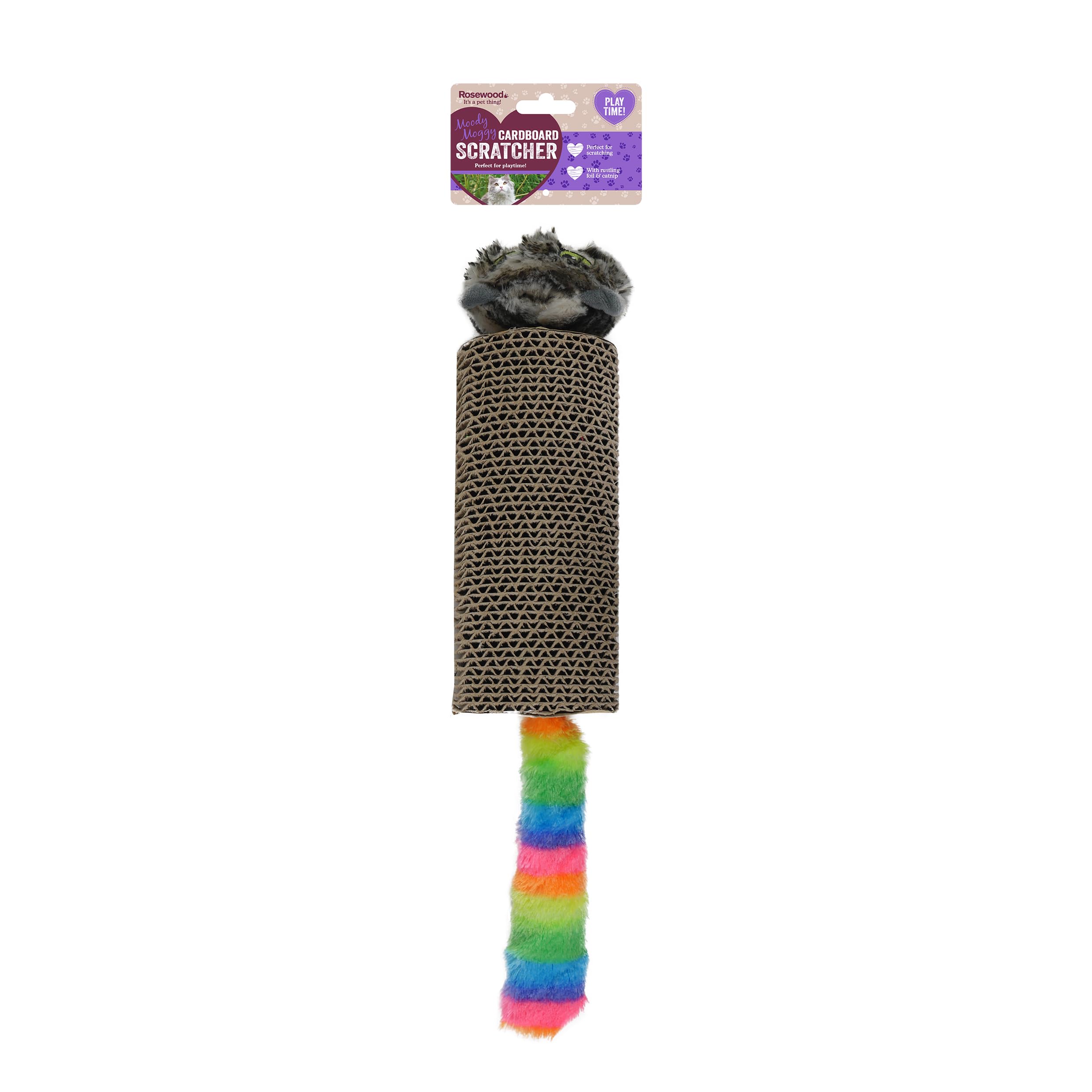 Rosewood Moody Moggy Cardboard Scratcher, Plush Cat Toy with Rainbow Crinkle Tail, Durable Cardboard Scratcher Body, Interactive Cat Toy for Scratching and Play