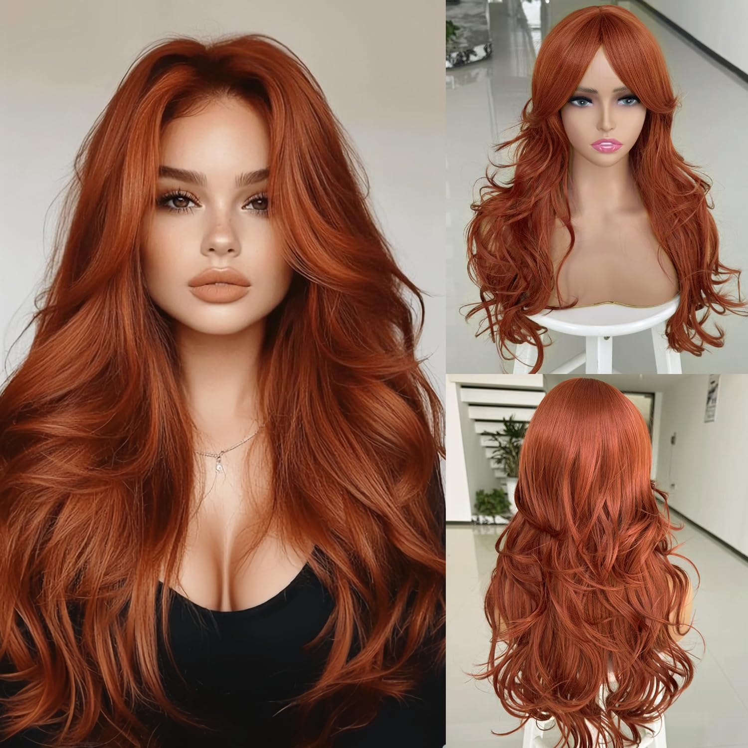 Photo 1 of Auburn Wig with Bangs for Women Copper Red Wavy Layered Wig with Curtain Bangs for White Black Women Synthetic Long Reddish Brown Layered Body Wavy Wigs Heat Resistant Hair Wig for Daily Use Party