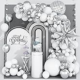 White and Silver Balloon Arch Garland Kit,White Silver Star Confetti Metallic Balloon Decoration with 18 Inch 4D Disco Silver Foil Balloon for Birthday Baby Shower Wedding Anniversary Party Decor