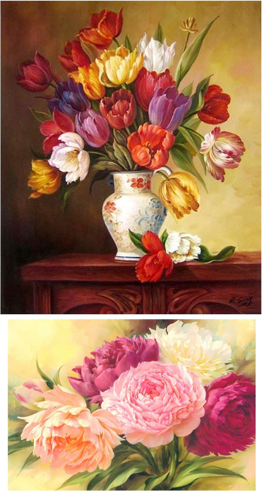 eGoodn 2 Pack Diamond Painting Full Drill DIY Art Beads Cross Stitch Kit, Tulip Flower Vase and Peony Flowers, No Frame