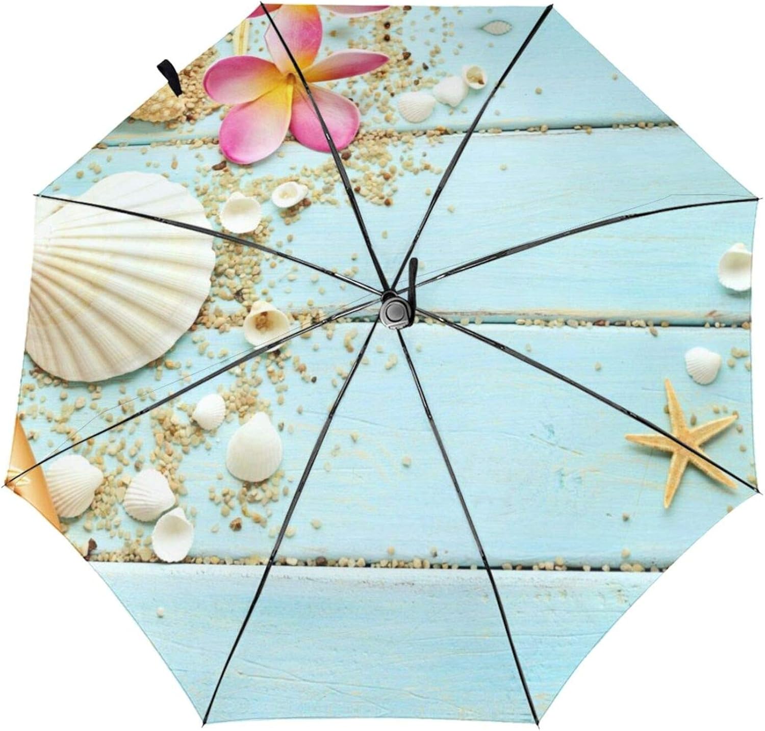 Beach Theme Sea shell Wooden Folding Umbrella Automatic Tri