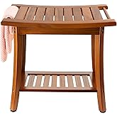 Utoplike Teak Shower Bench Seat with Handles, Portable Wooden Spa Bathing Stool with Storage Towel Shelf, 55.9cm x33cmx 47.2c