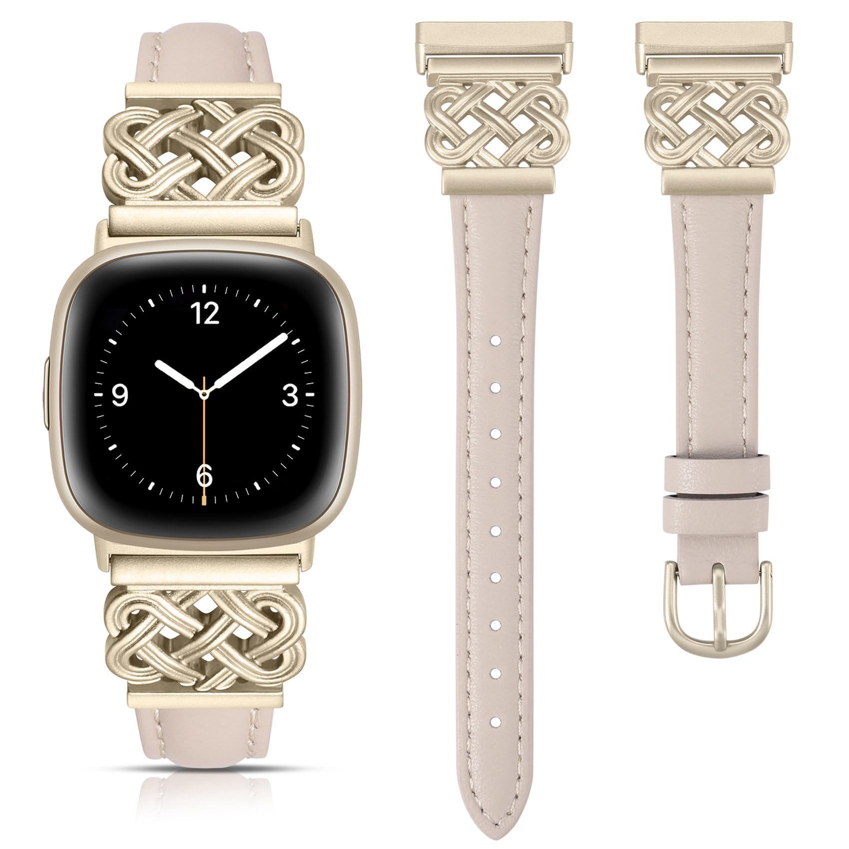 TOYOUTHS Leather Straps Compatible with Fitbit Versa 4/Versa 3/Sense 2 Women, Slim Thin Dressy Designer Premium Leather Strap with Interlock Buckle for Versa 4/Sense 2, Starlight/Champagne
