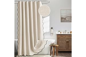 MIULEE 84" Long Scalloped Shower Curtain Linen Textured with 12 Metal Hooks Cute Extra Long Heavy Duty Washable Waterproof Cloth Shower Curtains with Black Border for Bathroom Bathtub,Cream Beige