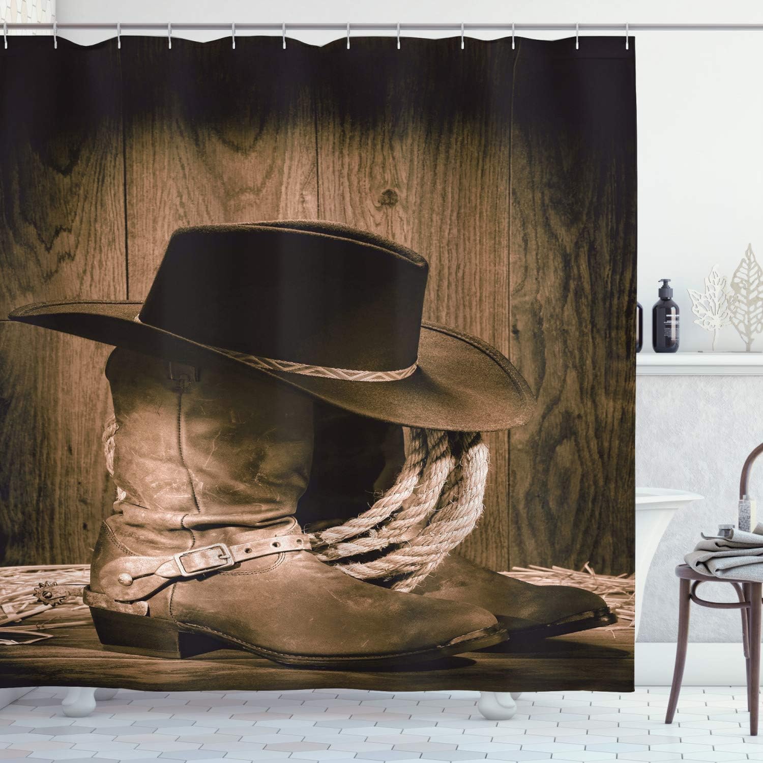 Amazon Com Ambesonne Western Shower Curtain Wild West Themed Cowboy Hat And Old Ranching Rope On Wooden Display Rodeo Cowboy Style Cloth Fabric Bathroom Decor Set With Hooks 70 Long Brown Home