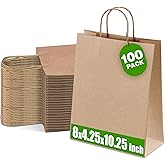Ginkgo 100 Pcs Paper Gift Bags with Handles, Medium Size Brown Paper Bags 8x4.25x10.25 Inch, Kraft Bag Bulk for Party, Favor, Holiday, Goodie, Grocery and Shopping
