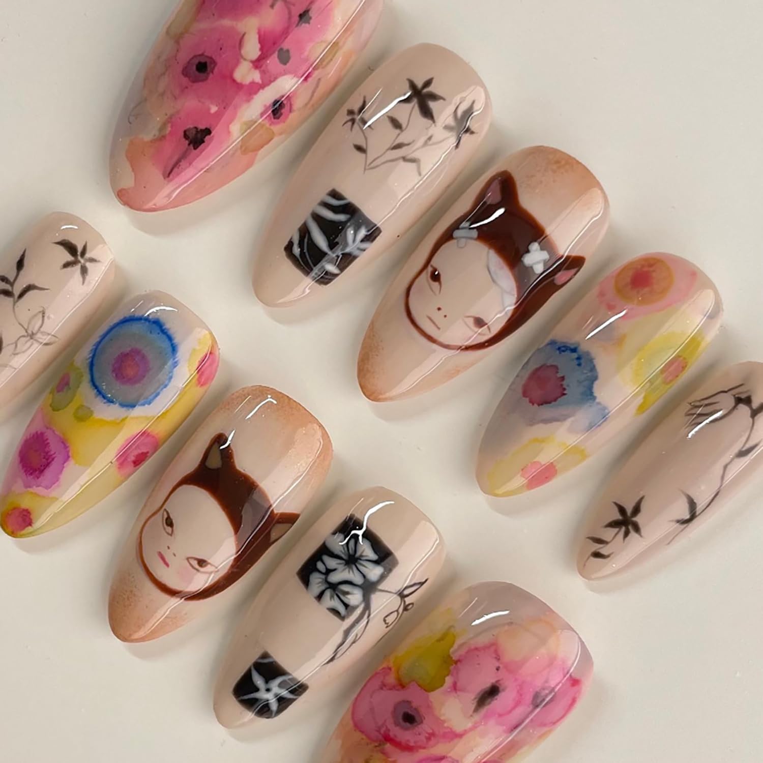 RIICFDD Cute Nails Almond Shape Press on Nails Medium Fake Nails Colorful Floral Acrylic Nails Cute Baby Nails Press ons Full Cover Glossy Glue on Nails for Women Nail Decoration 24 Pcs - Image 3