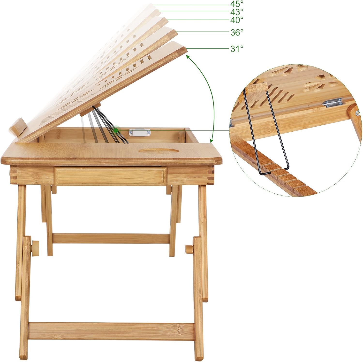SONGMICS Bamboo Laptop Desk, Foldable Bed Table, Height Adjustable Sofa Tray, with 5 Tilting Angles, Air Holes, Small Drawer - Image 5