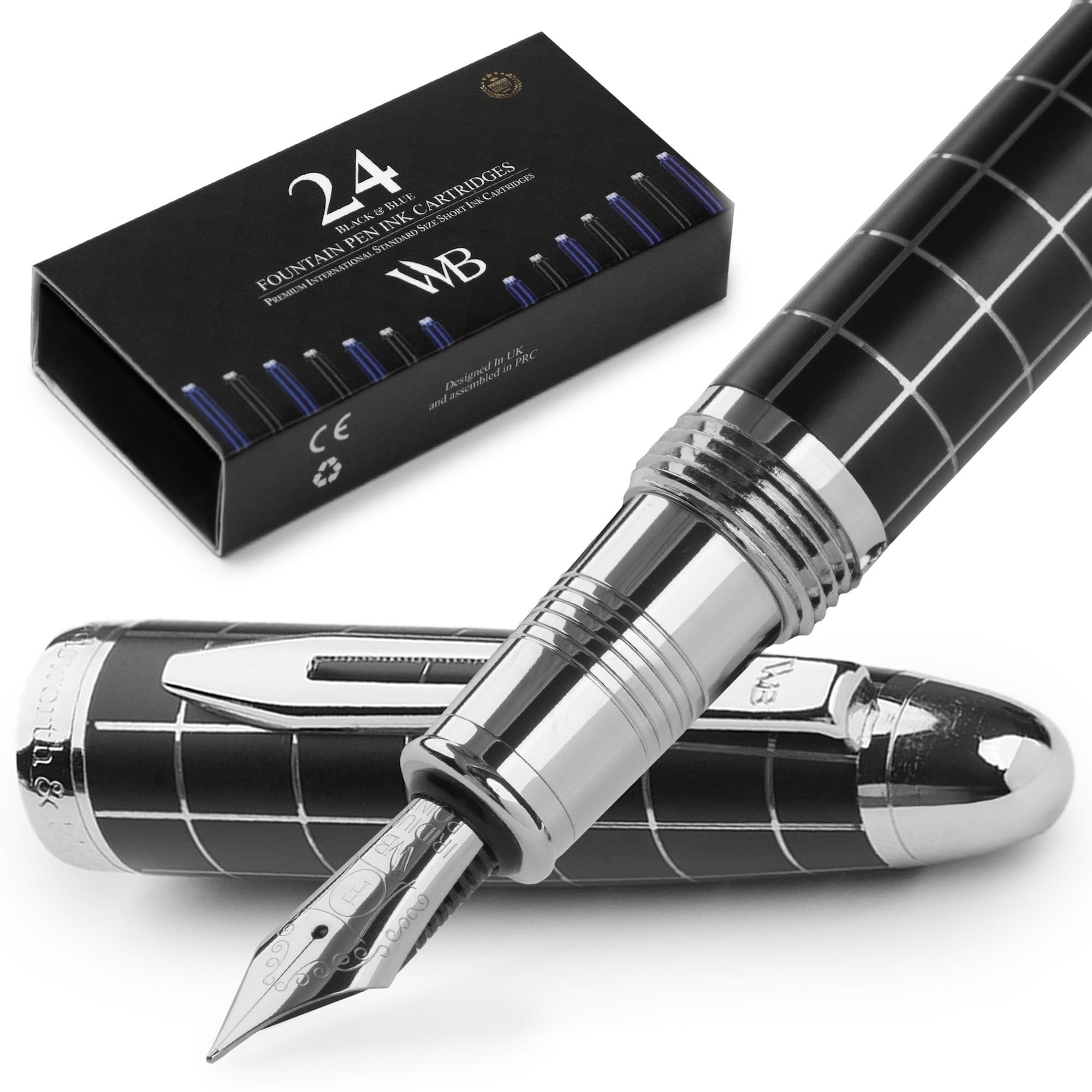 Wordsworth & Black Majesti Fountain Pen-(Checked), Luxury Case, Chrome Finish; Fine Nib- Ink Cartridges, Refillable Ink Converter-Calligraphy Pen-Best Business Gift Set for Men & Women — image 1