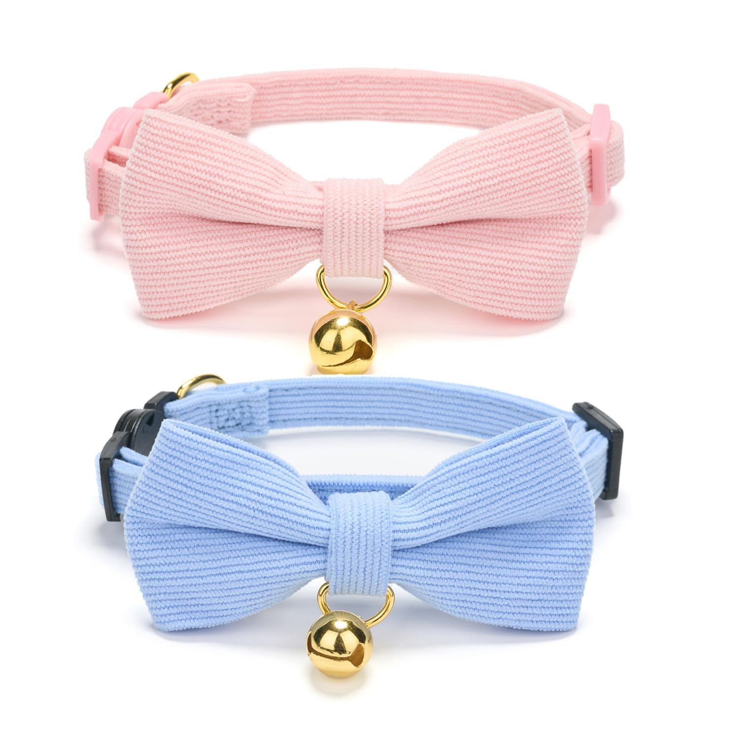 Petiry Quick Release Cat Collar,Corduroy Breakaway Pink Kitten Collar With Removeable BowTie and Gold Bell,Pack of 2,Blue Pink — image 1