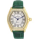 Peugeot Women's 14K Gold Plated Watch - Barrel Shaped Crystal Studded Bezel and Leather Wrist Strap