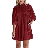 Opemiby Womens Casual Dresses Corduroy Button Up Empire Waist 3/4 Sleeve Fall Winter Mini Babydoll Dress