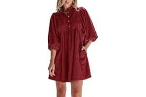 Opemiby Womens Casual Dresses Corduroy Button Up Empire Waist 3/4 Sleeve Fall Winter Mini Babydoll Dress