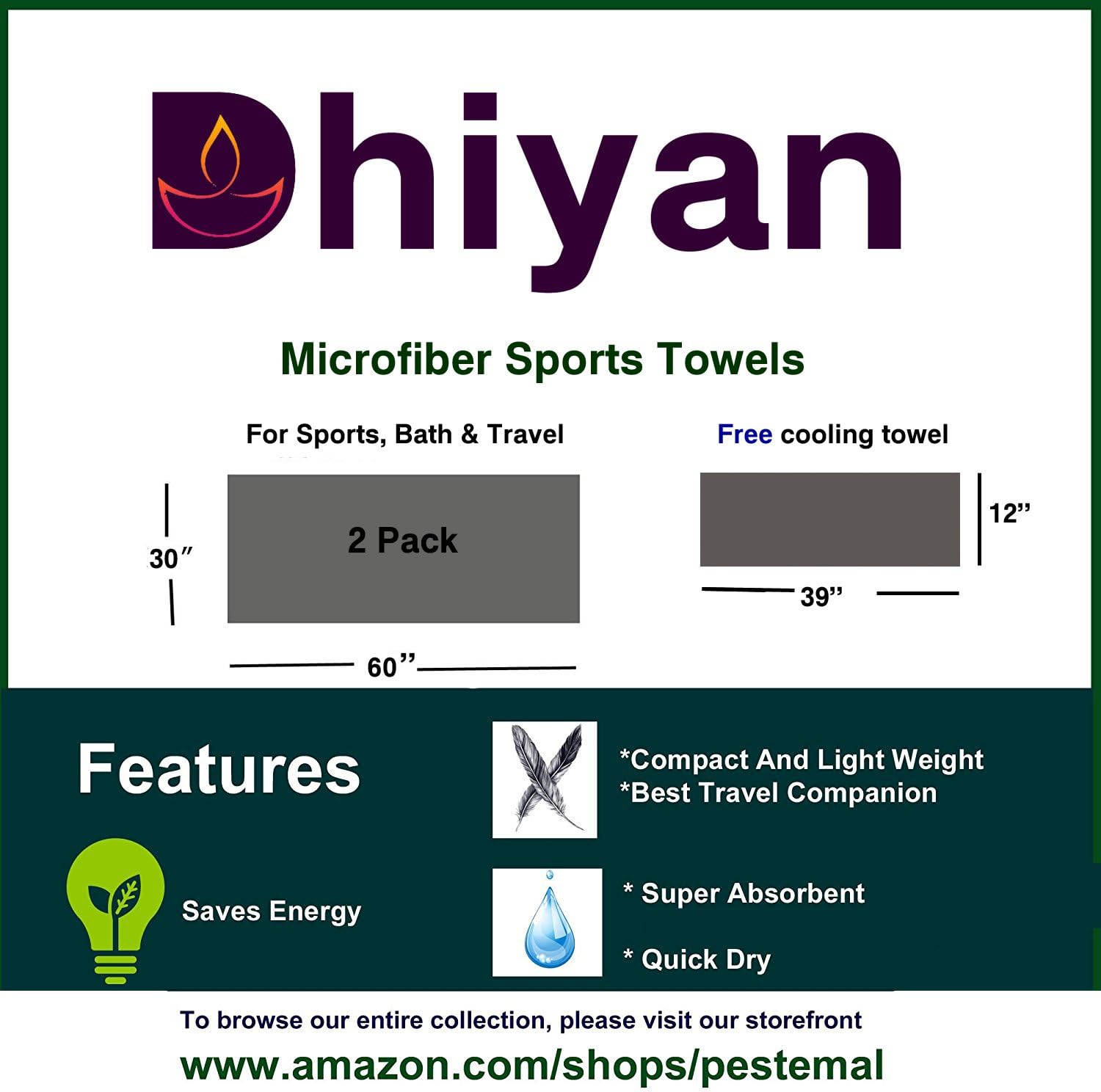 Microfiber Sports Towel and Travel Towel (2 pack) +1 free cooling towel - Best for Camping, Gym, Beach, Swimming, Yoga, Travel - Lightweight and Quick Dry Navy Green-Border (20# Body and 07# Border)