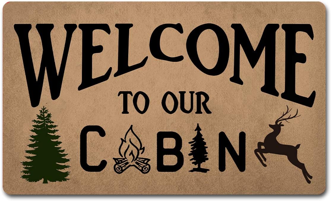 FXGZHAO Welcome Mat with Rubber Back 30"(L) x 18"(W) Funny Doormat for Entrance Way Monogram Mats for Front Door Mat No Slip Kitchen Rugs and Mats (Welcome to Our Cabin Christmas Tree Cute Deer)