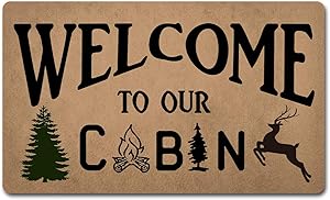 FXGZHAO Welcome Mat with Rubber Back 30"(L) x 18"(W) Funny Doormat for Entrance Way Monogram Mats for Front Door Mat No Slip Kitchen Rugs and Mats (Welcome to Our Cabin Christmas Tree Cute Deer)