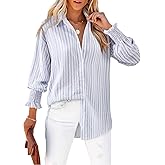 Women's Striped Button Down Shirts Long Sleeve Smocked Cuffed Oversized Boyfriend Blouses Collared Work No Pockets Tops