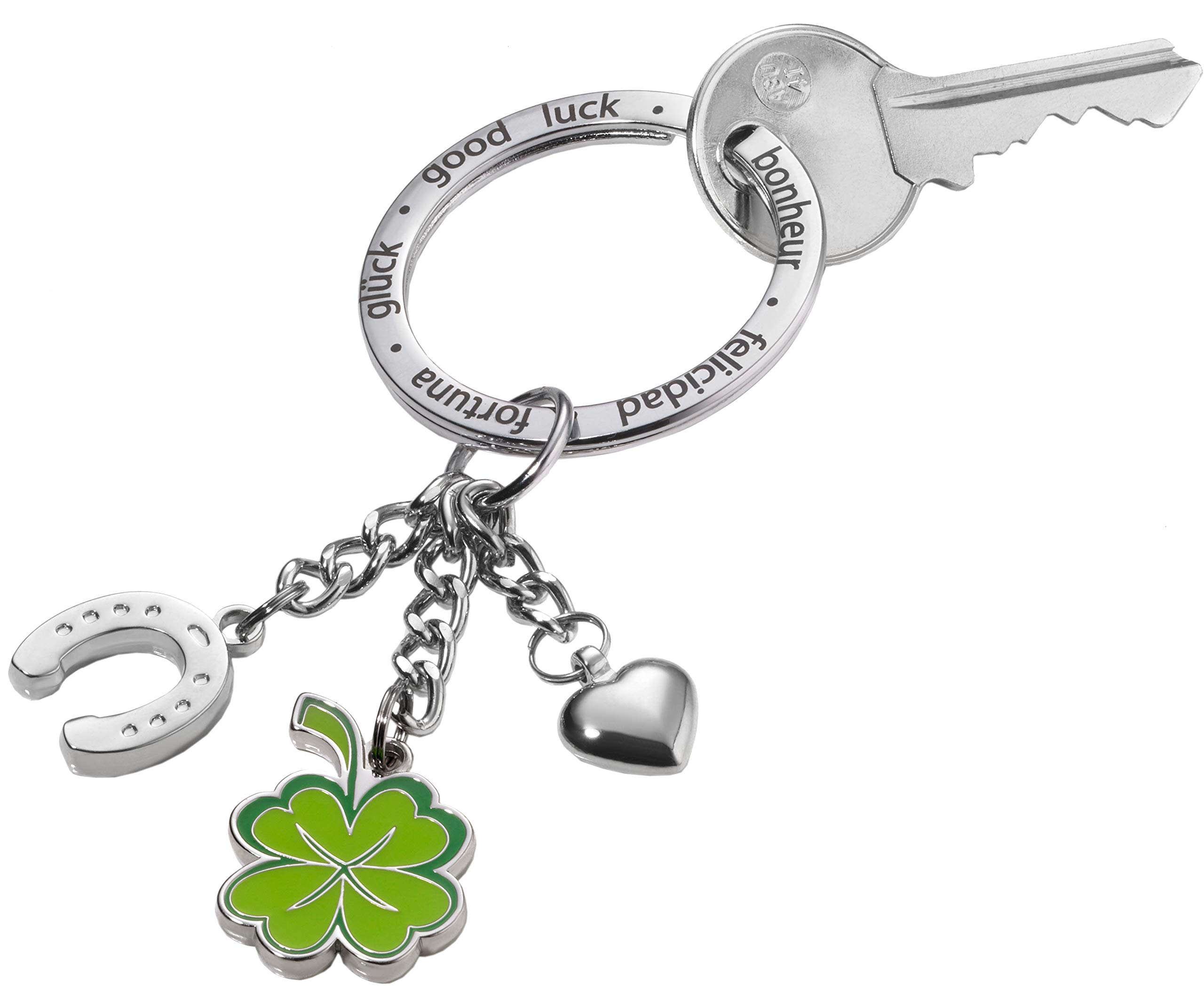 Troika Glücksbringer Klee – KR13-06/CH – Keyring with 3 charms – XL ring – engraving: "Luck" in different languages – cast metal/enamel– shiny – chrome plated – silver, green – Troika original